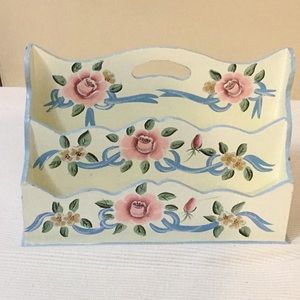 Vintage Country Hand-Painted Wood LETTER HOLDER Pink Roses Blue Ribbons Desk Top